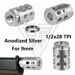DB TAC Aluminum 1/2x28 TPI Thread Muzzle Brake Compensator For 9mm Silver Color