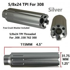DB TAC Silver Low Concussion Muzzle Brake Compensator – 4.5 inch Extra Long, 5/8x24 TPI Thread For .308 / .338 / 300Blackout / 350Legend / 9mm