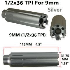 DB TAC Silver Low Concussion Muzzle Brake Compensator – 4.5 inch Extra Long, 1/2x36 TPI Thread For 9mm