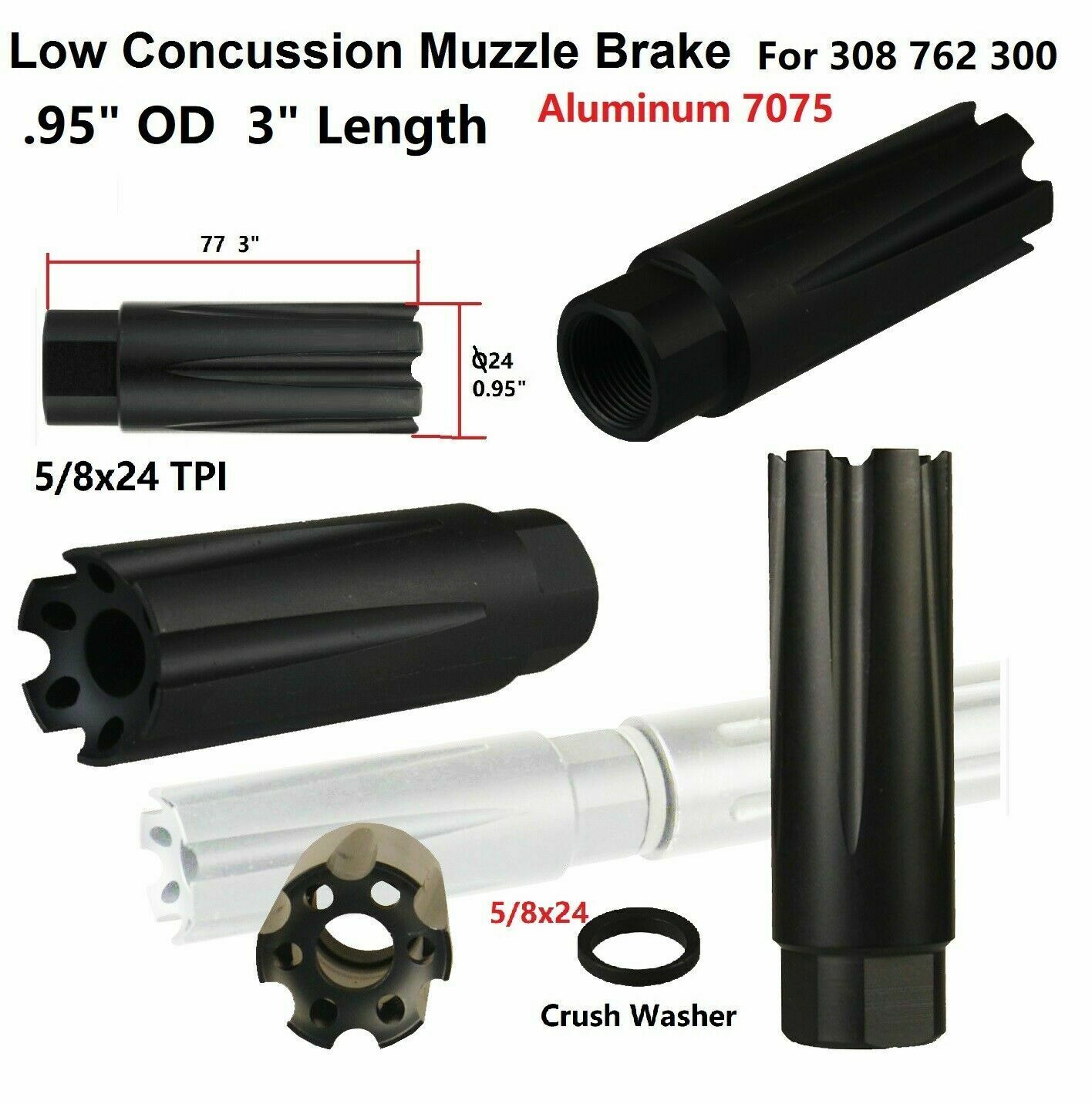 US Aluminum Black Color Muzzle Brake Compensator 5/8x24 TPI .308 