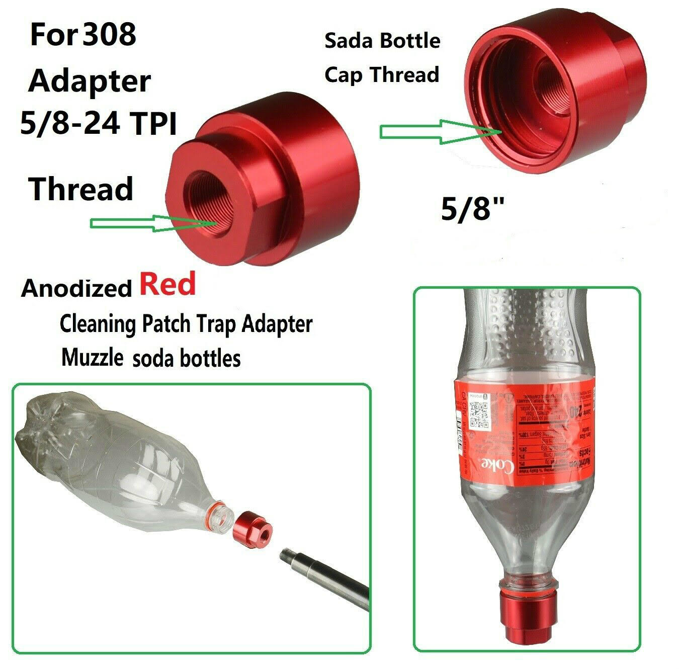 Pistol Rifle Cleaning Patch Trap Adapter Muzzle Brake soda pop bottles 5/8-24 