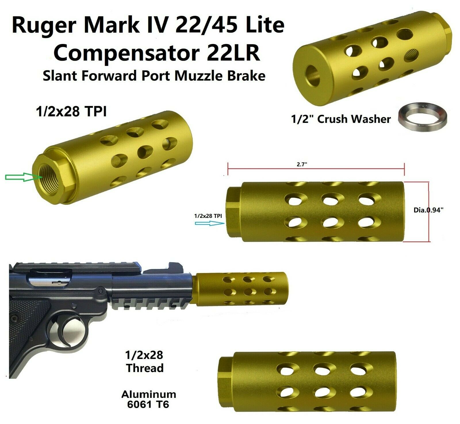 BL 1/2x28TPI Ruger .22LR Mark IV 22/45 Lite Muzzle Brake Compensator 1" Diameter 