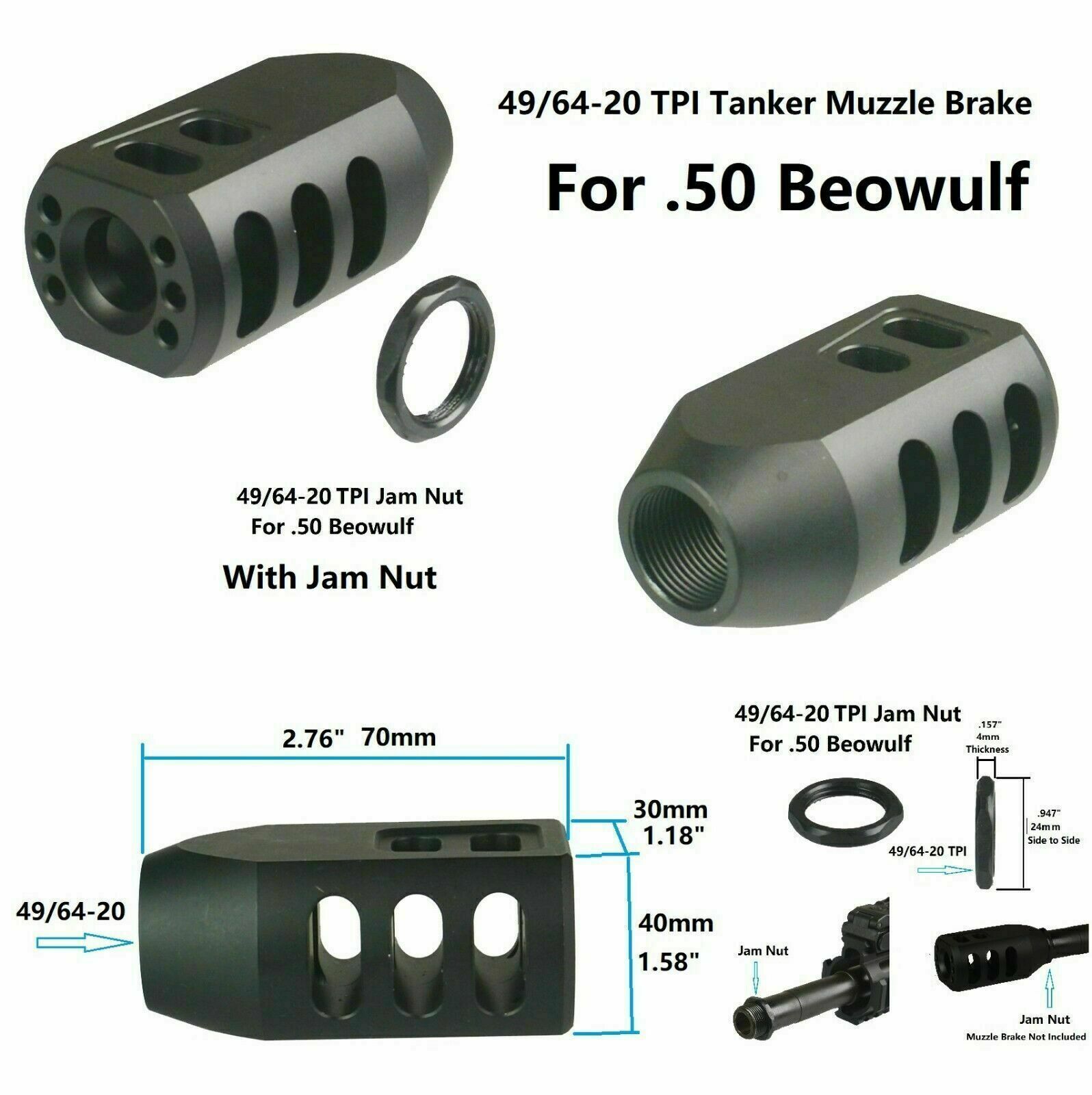 .45 Short Compact Mini Tanker Style Muzzle Brake 37/64x28 Thread With Jam Nut 