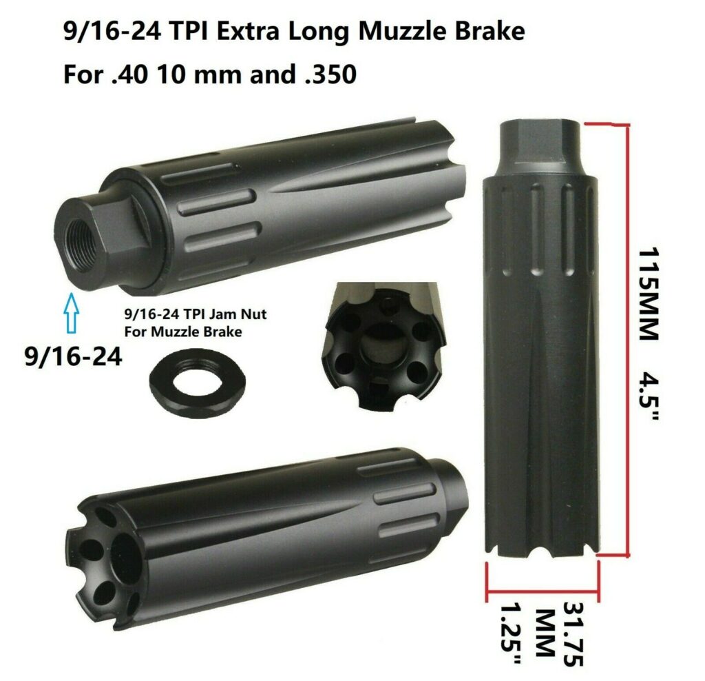 thumbnail interactive-video image 1 of DB TAC All Steel Muzzle Brake Compensator – 9/16x24 TPI Thread, .40/10mm/.350, With Jam Nut 1 of 5