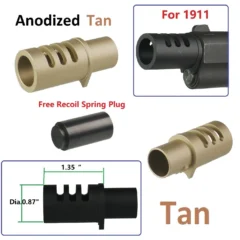 DB TAC Muzzle Brake Compensator For 1911 .45 ACP .38 and 9mm Compensator, Round Tube Style Anodized Tan Color