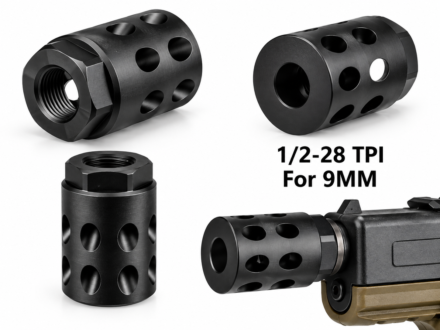 DB TAC 9mm Muzzle Brake 1/2x28 TPI Thread Aluminum Black Anodized Compensator - Image 5
