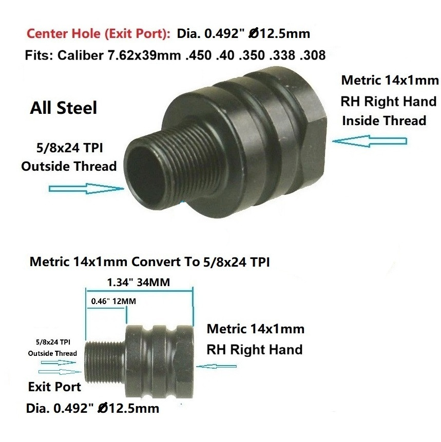 DB TAC 14x1 Right Hand Thread to 5/8x24 Thread Adapter Converter Black Steel Muzzle Adapter - Image 2