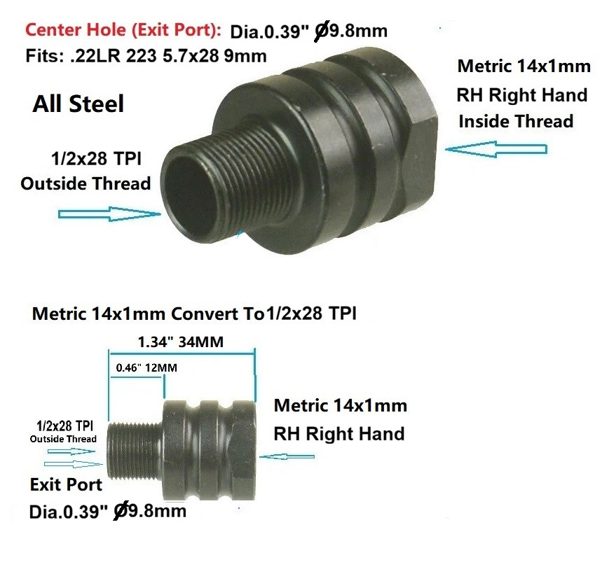 DB TAC 14x1 Right Hand Thread to 1/2x28 Thread Adapter Converter Black Steel Muzzle Adapter - Image 2