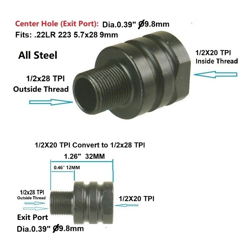 DB TAC 1/2x20 to 1/2x28 Thread Adapter Converter Black Steel Muzzle Adapter - Image 2