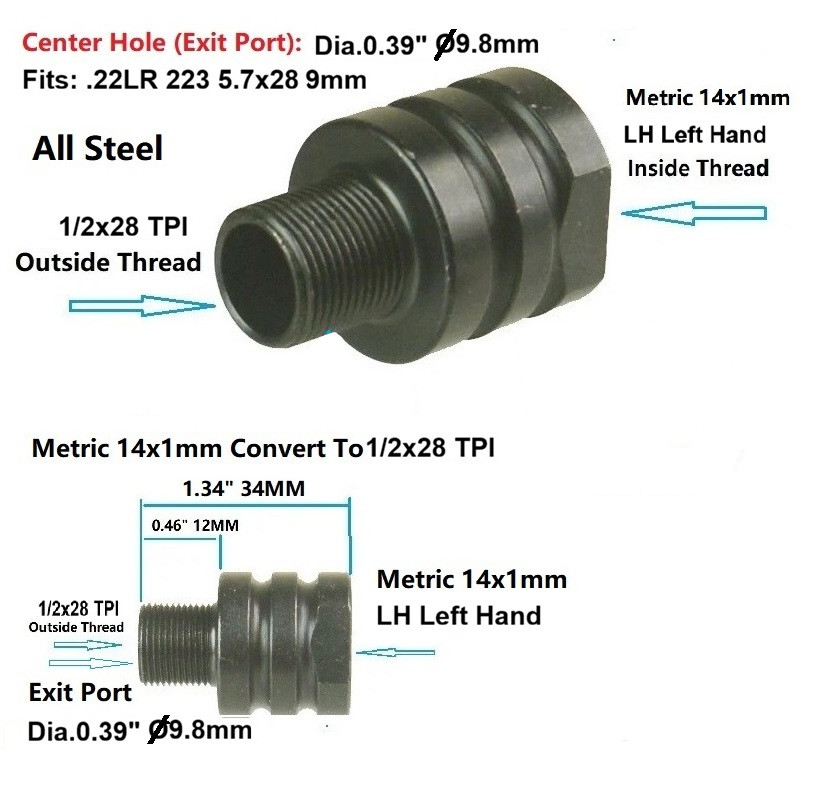 DB TAC 14x1 LH Left Hand Thread to 1/2x28 Thread Adapter Converter Black Steel Muzzle Adapter - Image 2