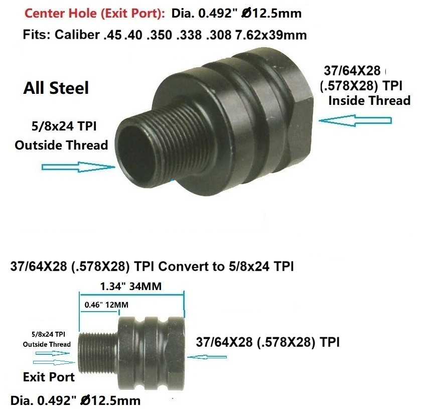 DB TAC 37/64x28 to 5/8x24 Thread Adapter Converter Black Steel Muzzle Adapter - Image 2