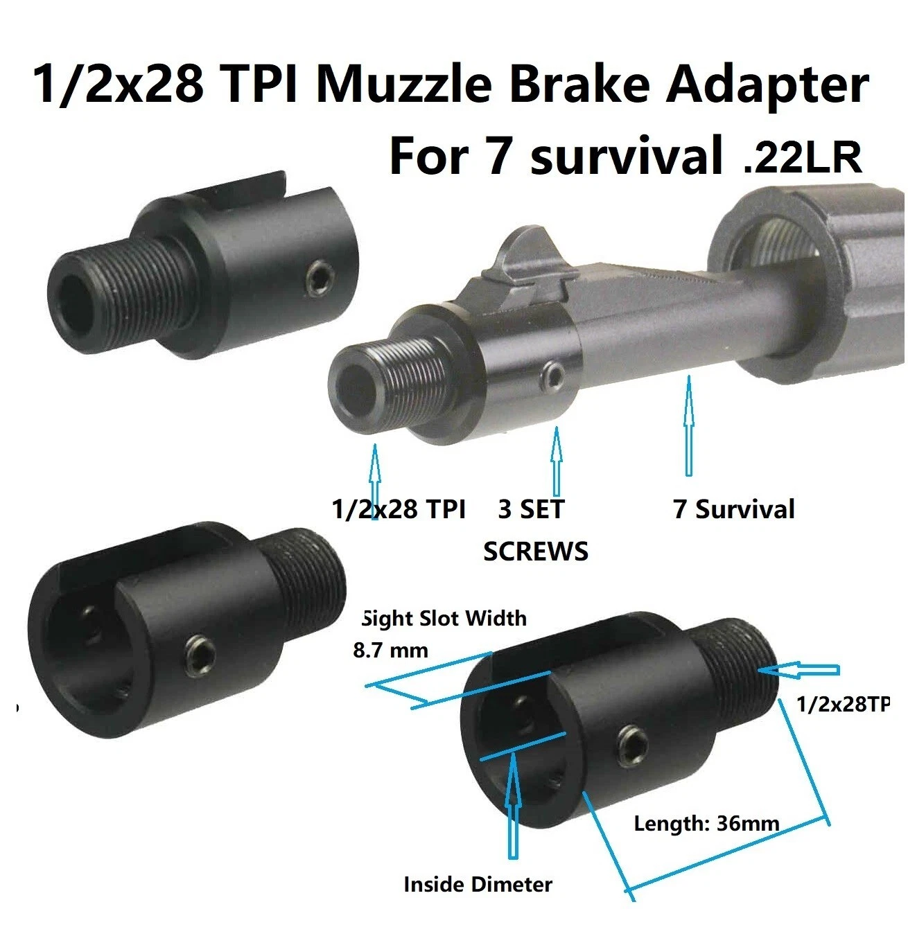 DB TAC Aluminum 1/2x28 TPI .22LR Muzzle Thread Adapter for Henry U.S. Survival AR-7 ,Black - Image 2
