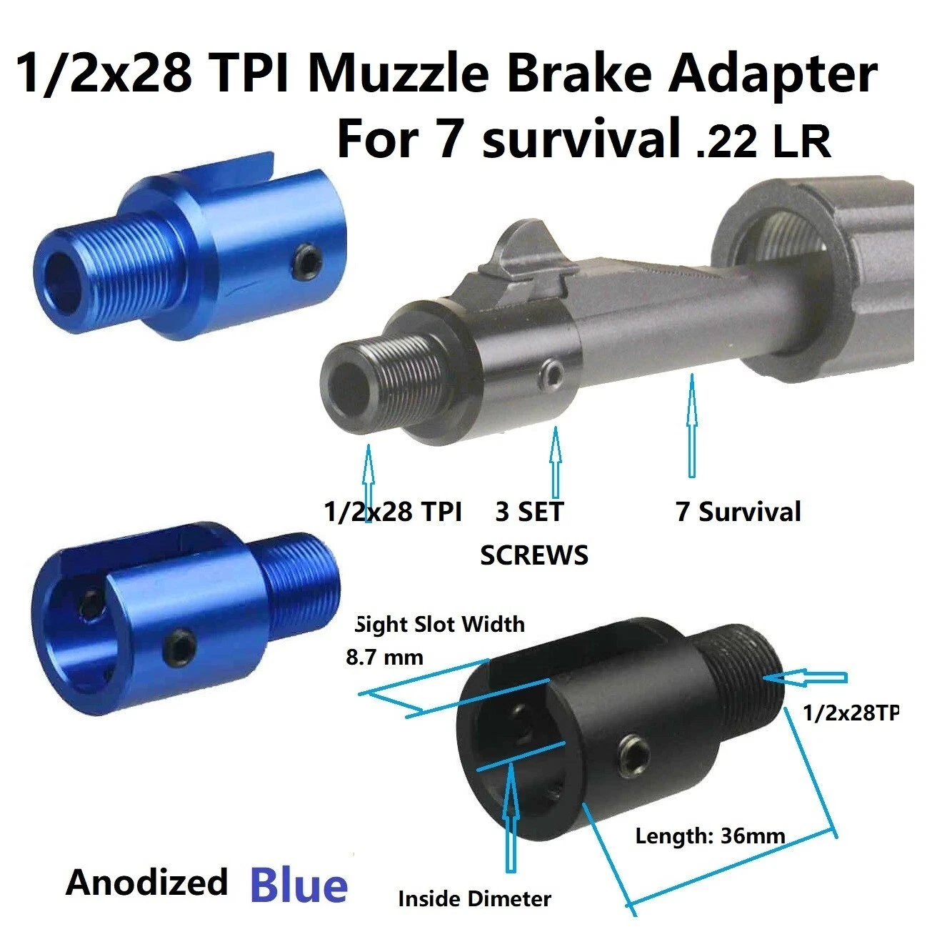 DB TAC Aluminum 1/2x28 TPI .22LR Muzzle Thread Adapter for Henry U.S. Survival AR-7 ,Blue - Image 2